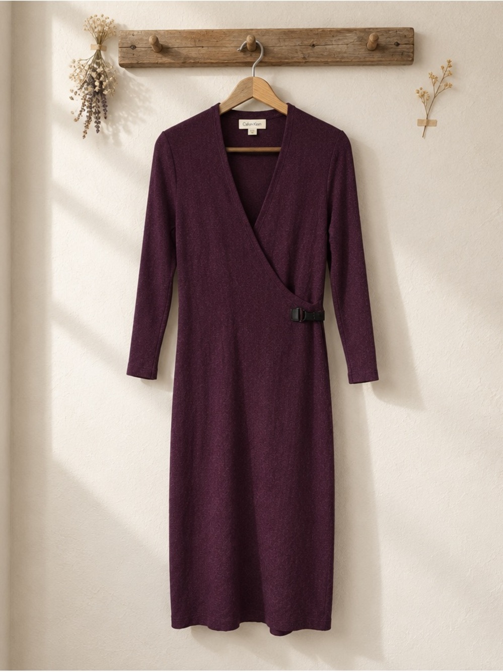 Calvin Klein Plum Wrap-Style Long Sleeve Midi Dress